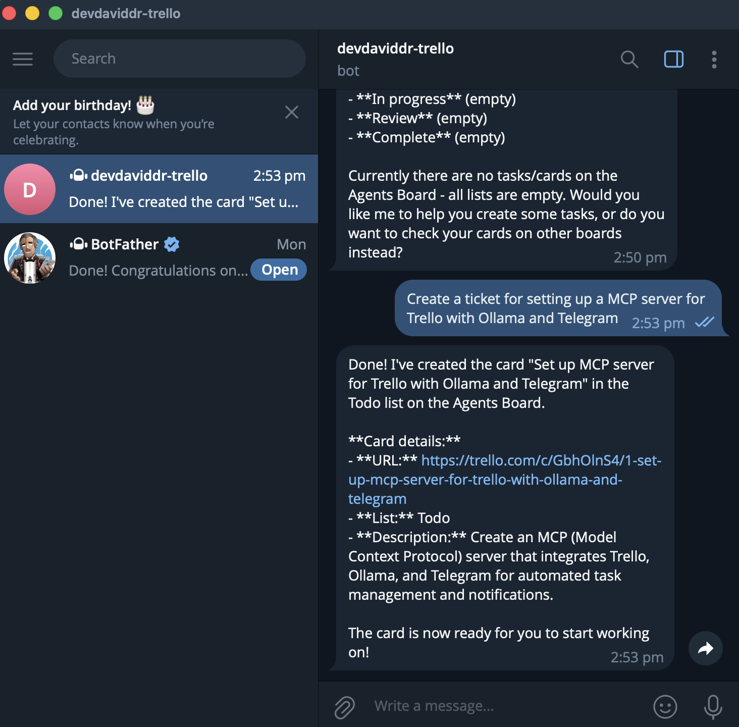 Telegram chat with the bot creating a Trello card from a plain-English request. The user types "Create a ticket for setting up a MCP server for Trello with Ollama and Telegram", and the bot replies with confirmation including the card URL, list, and description.