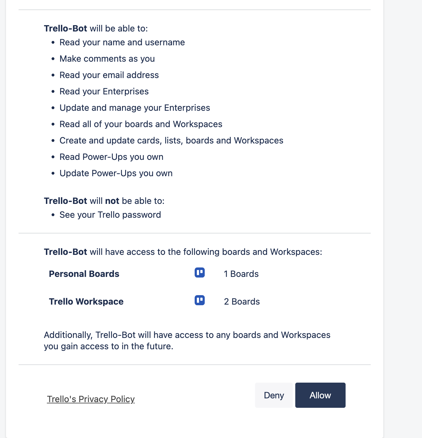 Trello's authorization page for the "Trello-Bot" Power-Up, listing the permissions it will receive (read boards, create cards, etc.) and the access scope (Personal Boards and Trello Workspace). The "Allow" button at the bottom is what you click to authorize and produce the token string.