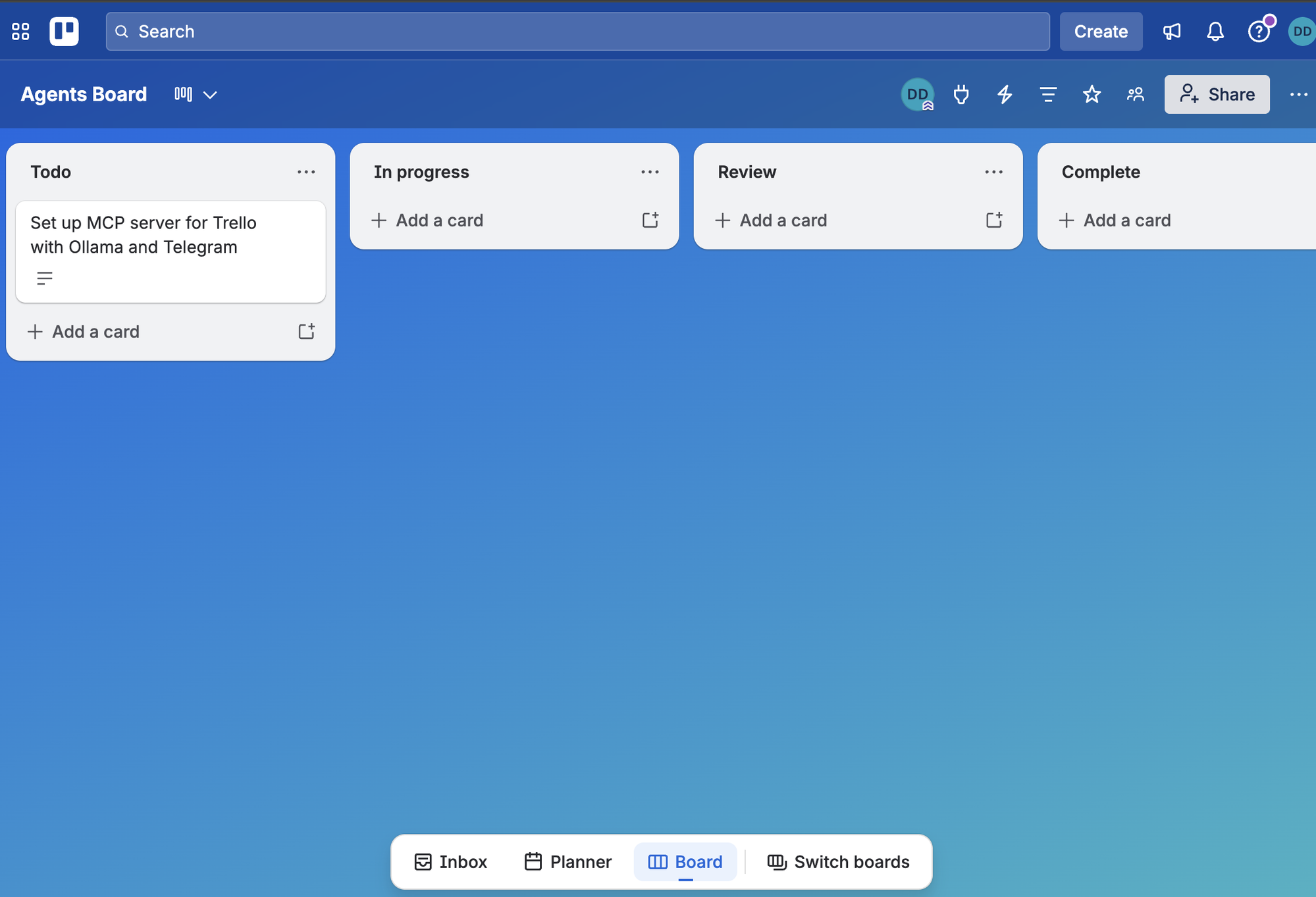 The Agents Board in Trello a moment later. The "Set up MCP server for Trello with Ollama and Telegram" card has appeared in the Todo column, confirming the bot's action took real effect.